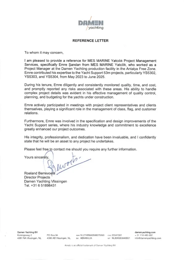 Damen Yachting reference letter