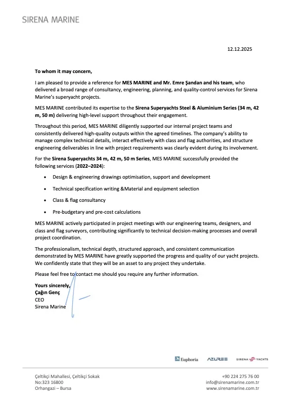 Sirena Marine reference letter